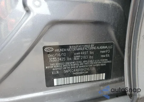 2011 Hyundai Sonata Se from USA, damaged, VIN 5NPEC4AB1BH216708